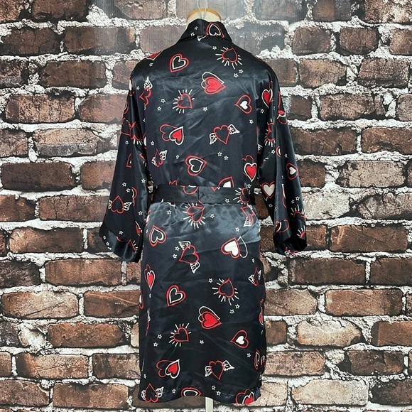 Dentelle Robe & Chemise Set Women's L Large Black Red Heart Pattern Slip Knee - Picture 8 of 17